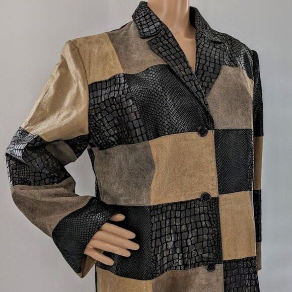 Vintage 90s y2k Newport News Patchwork Leather Jacket Trench Duster Size XL - Picture 1 of 11